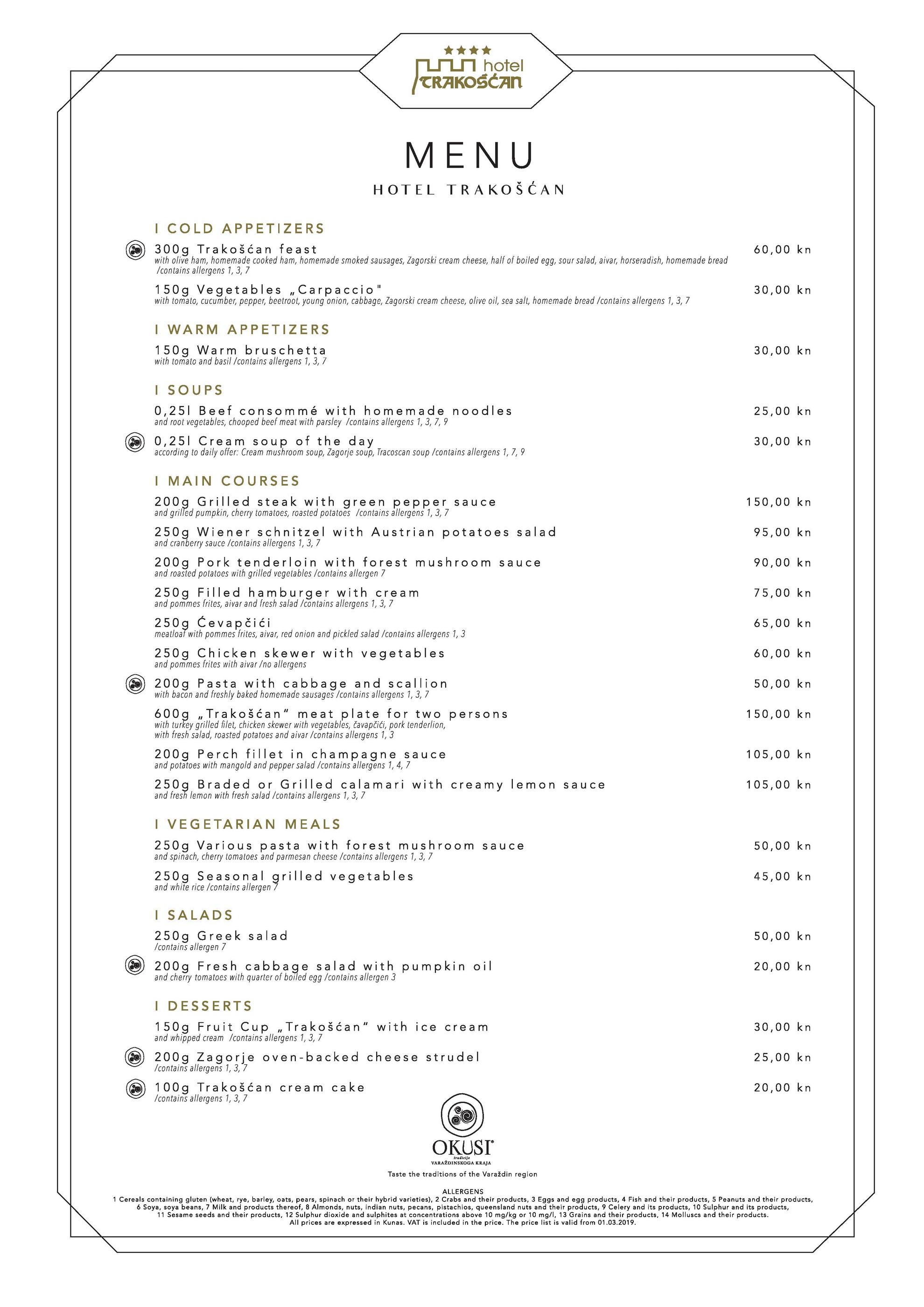  la carte  menu  Hotel Trakoan